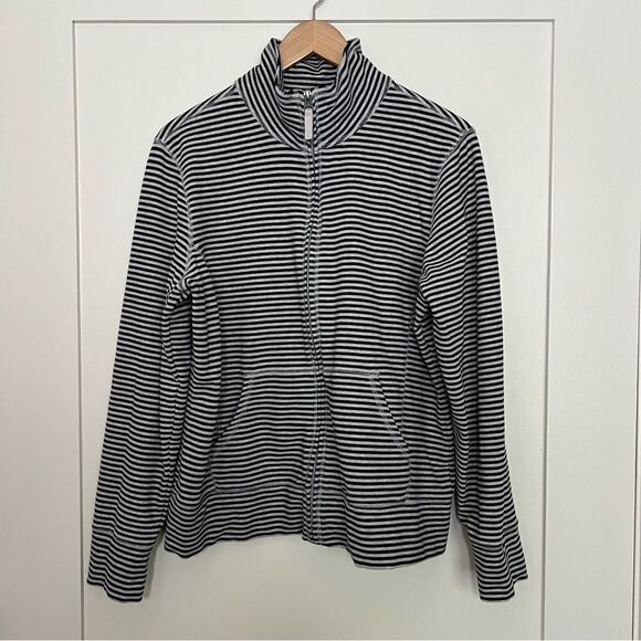 LL Bean Sweatshirt Womens Large White Blue Stripe Full Zip Stretch Outdoor Soft - Picture 1 of 13